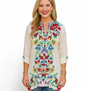 Johnny Was GALA Embroidered Tunic Top Shirt Large